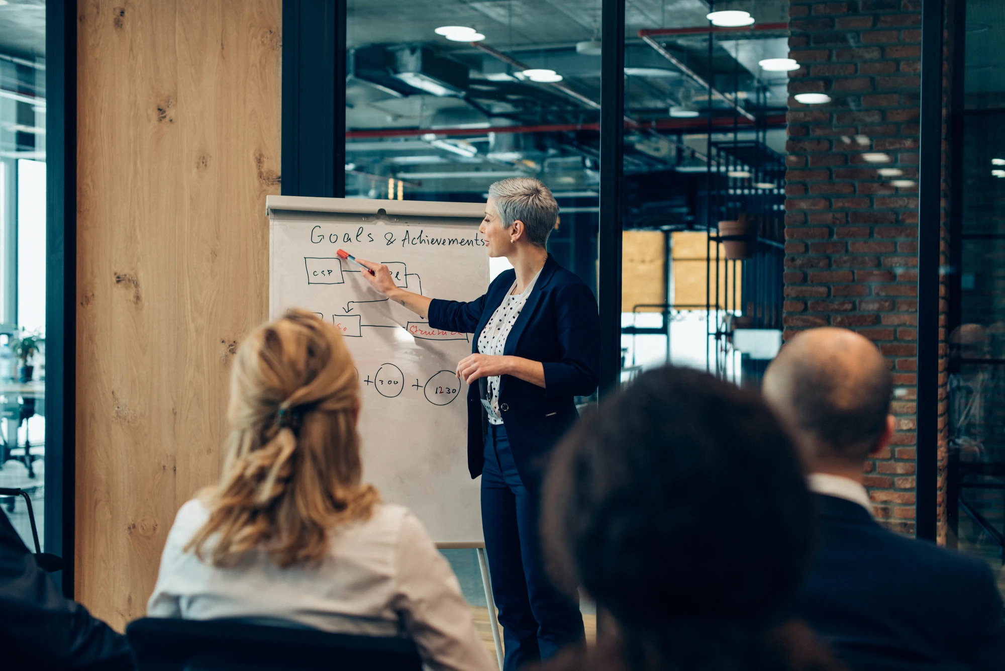 Woman standing at a chart explaining corporate finance advisory goals and achievements.